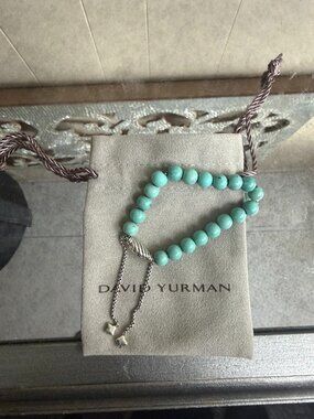 David Yurman Turquoise Beaded Bracelet 💚✨ Sterling Silver Adjustable Chain 🌟 D
